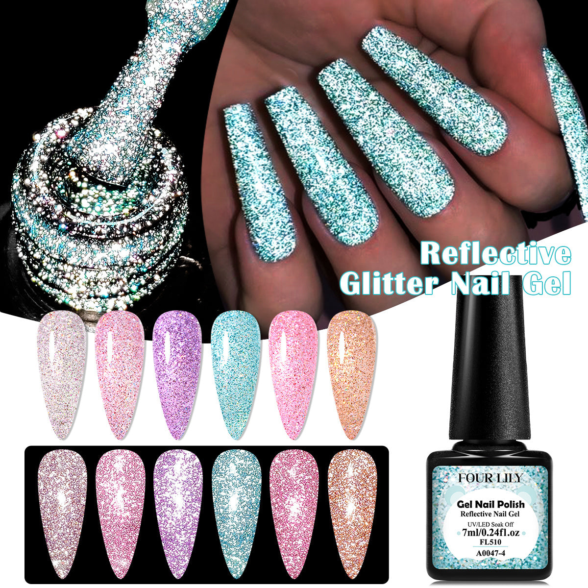 FOUR LILY 0.24oz Reflective Glitter Nail Gel - Semi-Permanent Soak Off LED Varnish for Manicure, Sparkling Pink & Purple Swirls, Long-Lasting Shine, Easy Application, Nail Art Gel | Glittery Nail Polish | Vibrant Colors, Nail